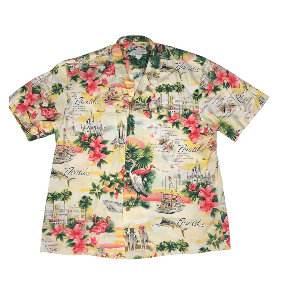 VTG Paradise Found Hawaiian Shirt Large Florida Parrots Flamingo Floral Disney